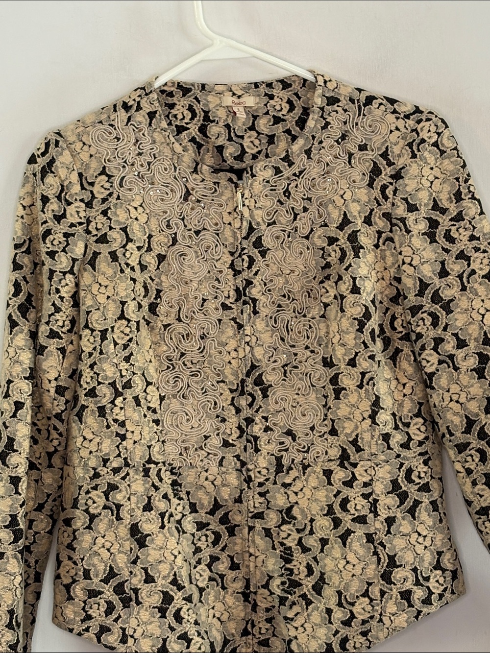 Reba black cream metallic gold brocade lined beaded jacket Size S - Picture 2 of 10